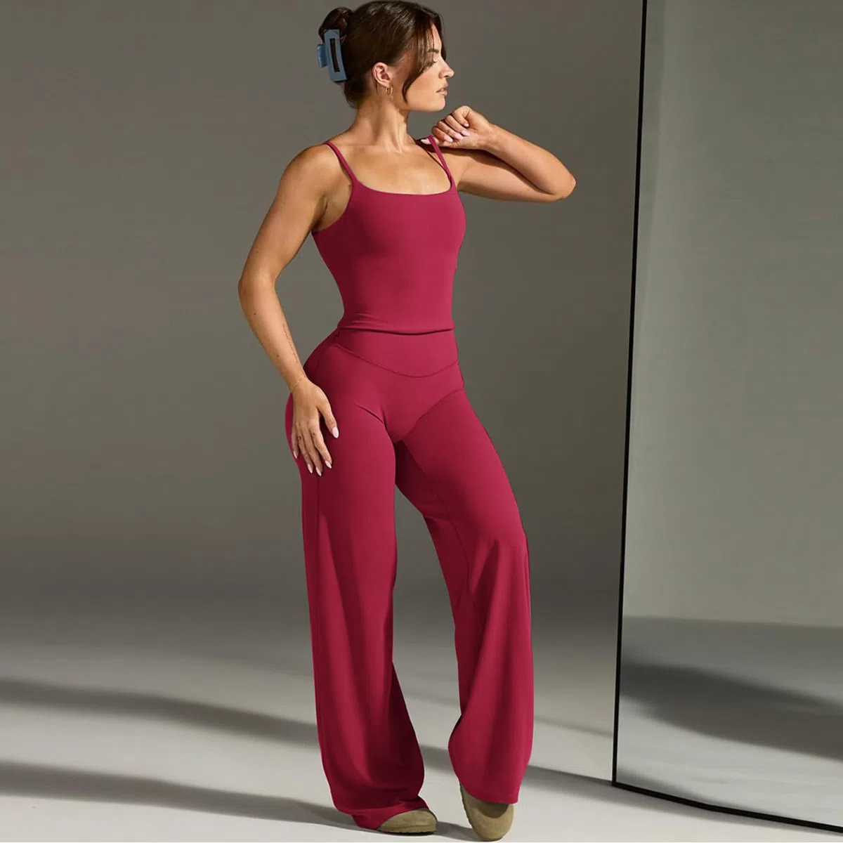 JN JANPRINT Set da palestra da donna, 2 pezzi, canotta con scollo rotondo, pantaloni a gamba dritta, abiti da yoga