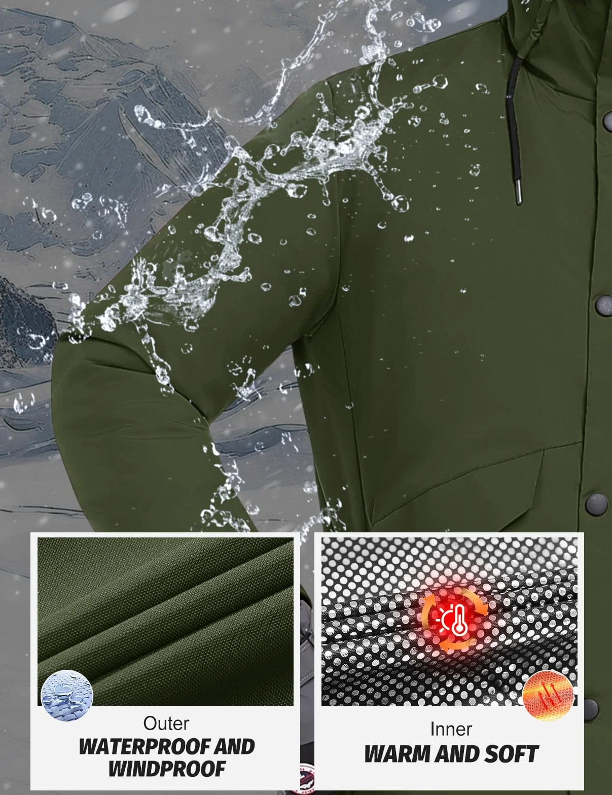 Voqeen Uomo Giacca Sci Invernale Impermeabile Giacche con Cappuccio Staccabile Termica Antivento Cappotto Sportiva Calda con Multi-Tasche