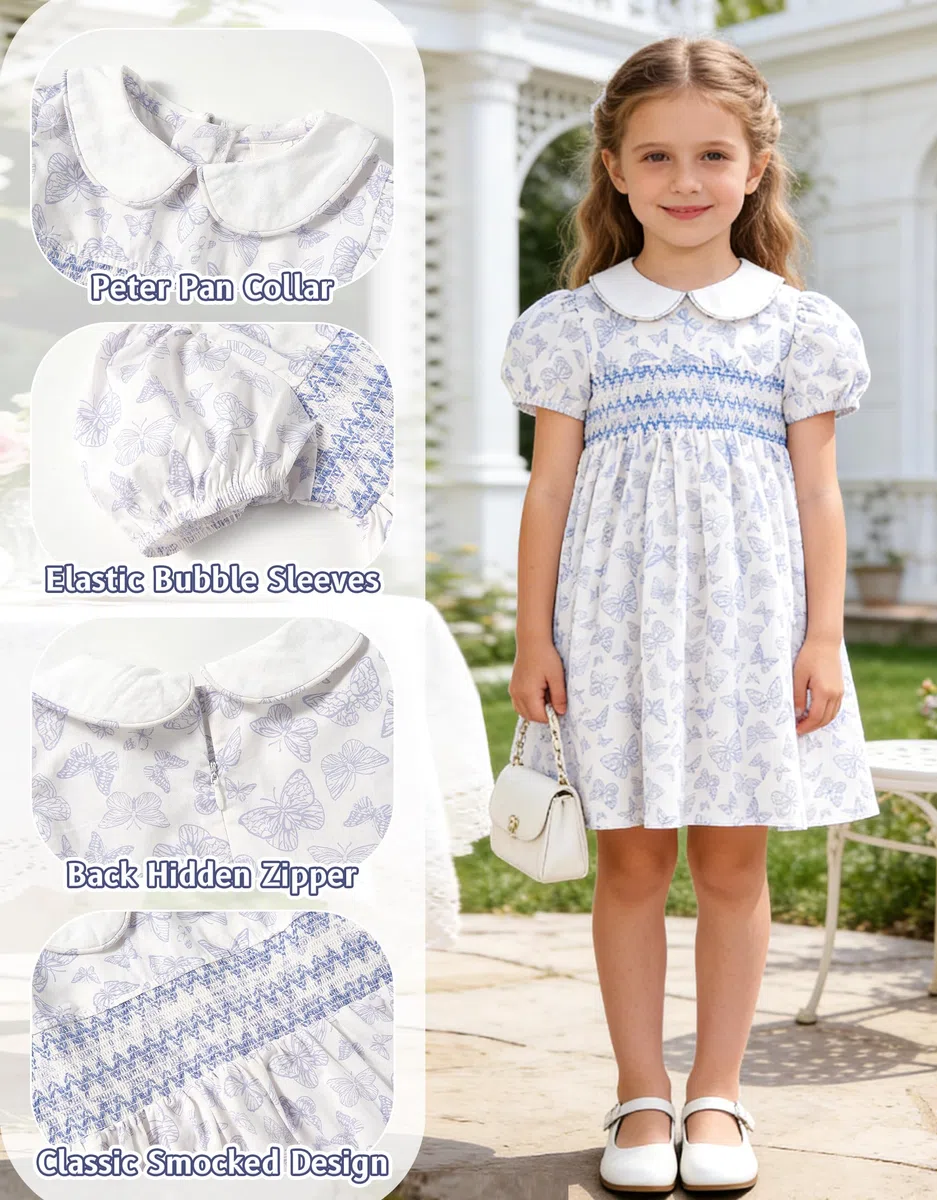 Miipat Vestito in Cotone per Bambina con Motivi Floreali Smockati, Vestito Estivi Vintage Bambine Maniche a Sbuffo e Colletto Peter Pan Abito Casual per Ragazze