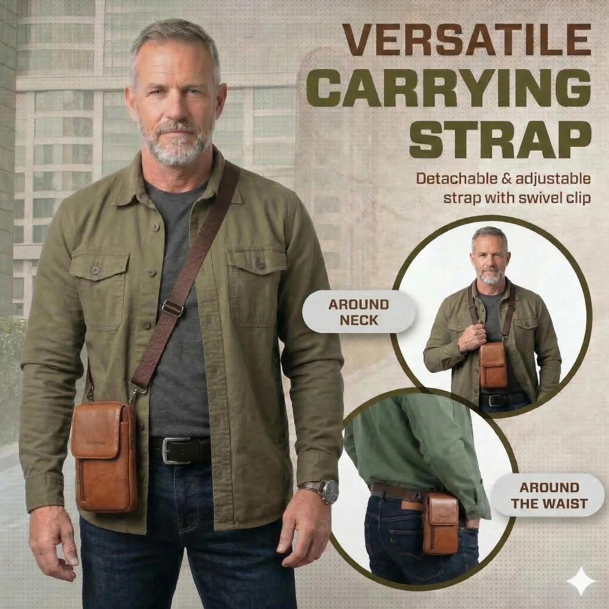 Borsa a tracolla da uomo in pelle, piccola fondina verticale per cellulare, con moschettone e passante per cintura