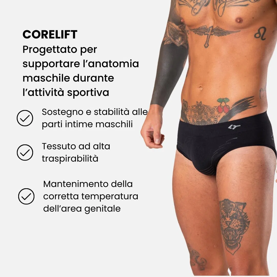 FLOKY Slip Uomo Corelift. Intimo biomeccanico. Multisport. Supporto e stabilità Funzionale specifico per Anatomia Maschile. Migliora la stabilità Muscolare ed Il Recupero Post Allenamento. Nero L-XL