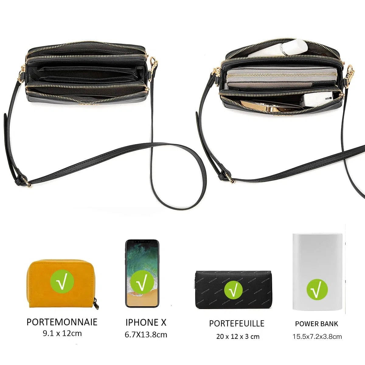 David Jones - Borsa a Tracolla Piccola Donna - Borsa a Mano Spalla Telefono Pelle PU Rigida - Borsetta 3 Scomparti Tasche - Clutch Crossbody Bag Moda Noche Sera - Nero