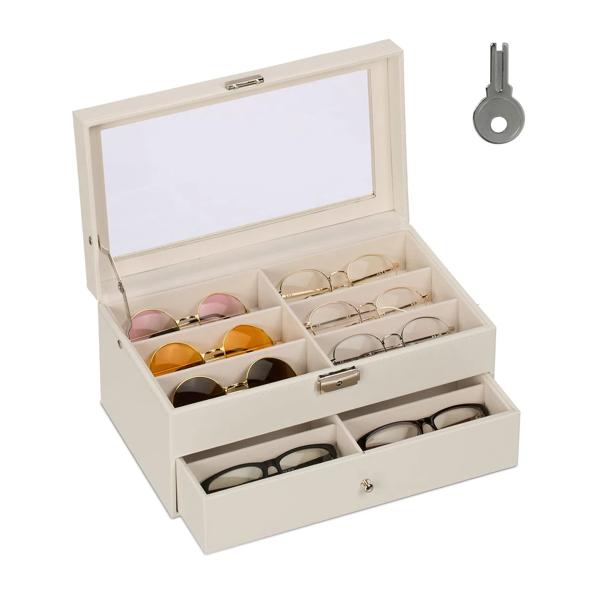 Relaxdays Porta Occhiali Multiplo, Scatola per 12 Paia, Espositore con Cassetti, HLP 15,5 x 33,5 x 19,5 cm, Bianco