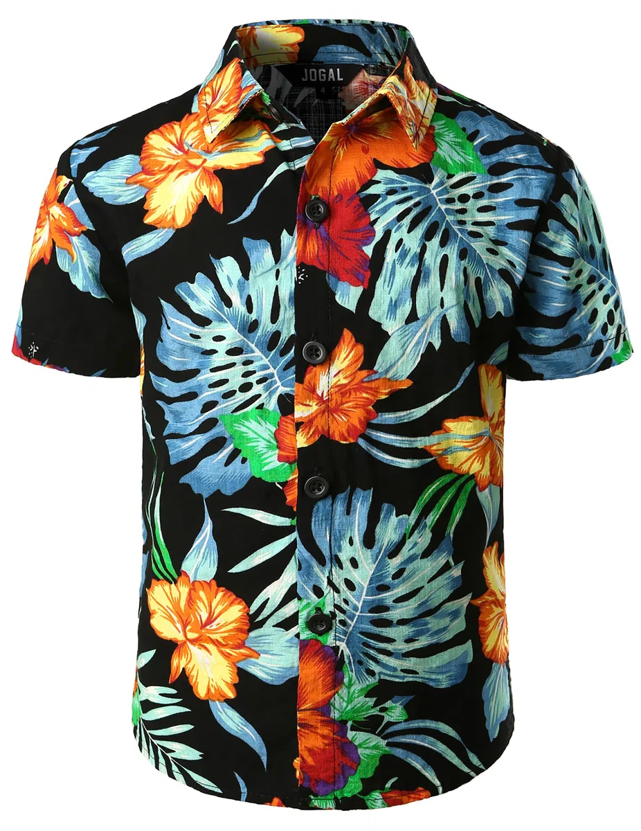 JOGAL Camicia hawaiana a maniche corte con bottoni casual floreale da ragazzo grande