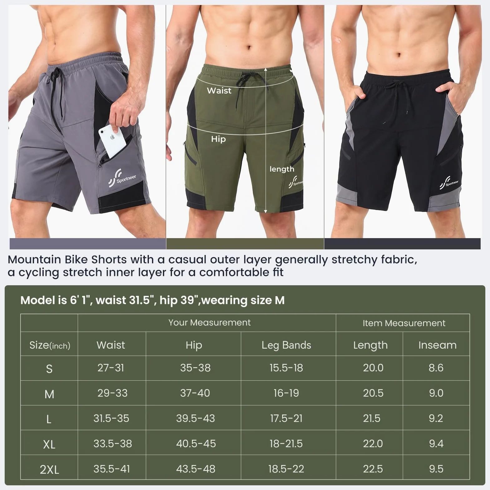 Sportneer Pantaloncini da MTB, Pantaloncini da Ciclismo da Uomo Imbottiti in 3D Pantaloni Traspiranti per Biciclette MTB Pantaloncini da Ciclismo per Esterno