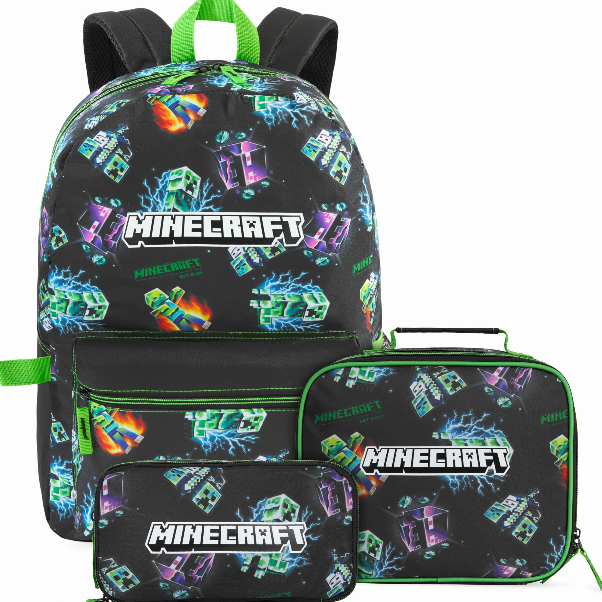 Get Trend Minecraft 3 Pezzi Capiente Zaino Ragazzo Set con Borsa Termica Porta Pranzo e Astuccio 2 Scomparti per la Scuola e il Tempo Libero (Multi Creeper)