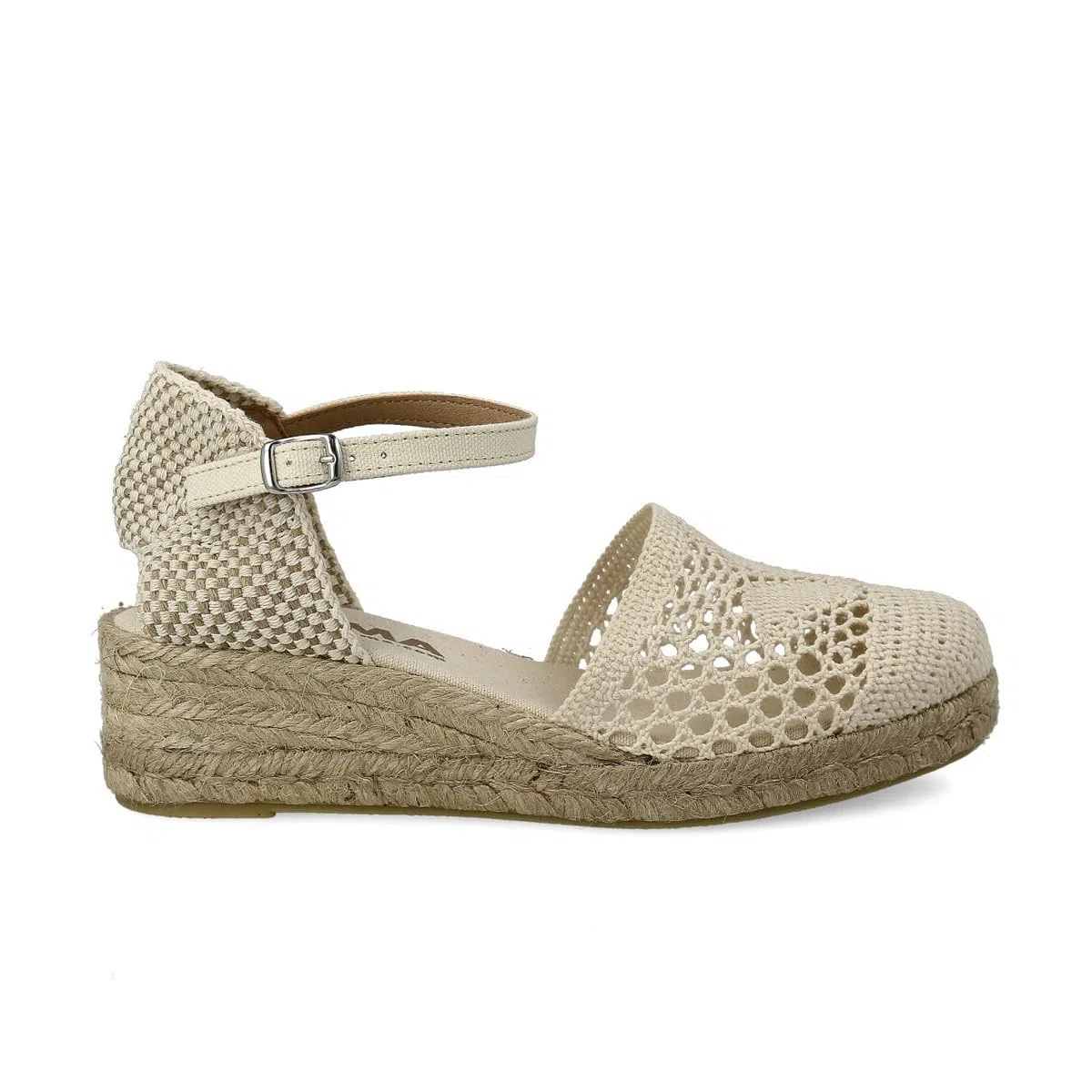 Sandali Bassi con Zeppa de Juta Sparto per Donna. Fatto in Spagna all'uncinetto. Espadrillas con Tacco Basso. Suola Imbottita in Tessuto. Fibbia o Cinturini alla Caviglia