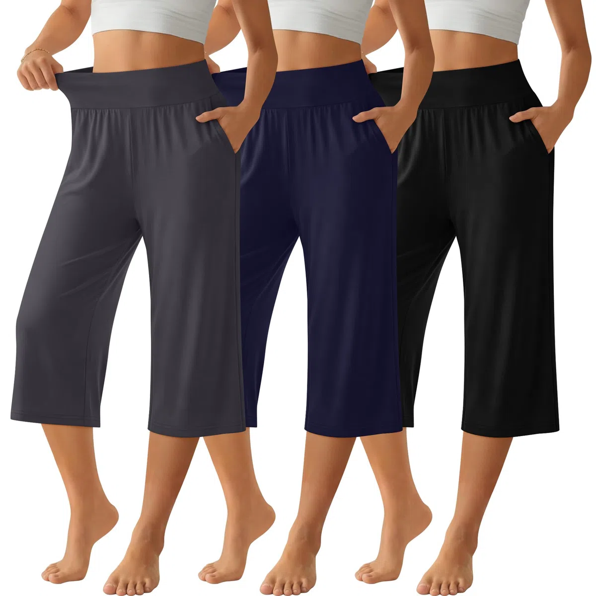 Neer Confezione da 3 pantaloni Capri da donna, a gamba larga, a vita alta, pantaloni della tuta estivi casual da allenamento con tasca