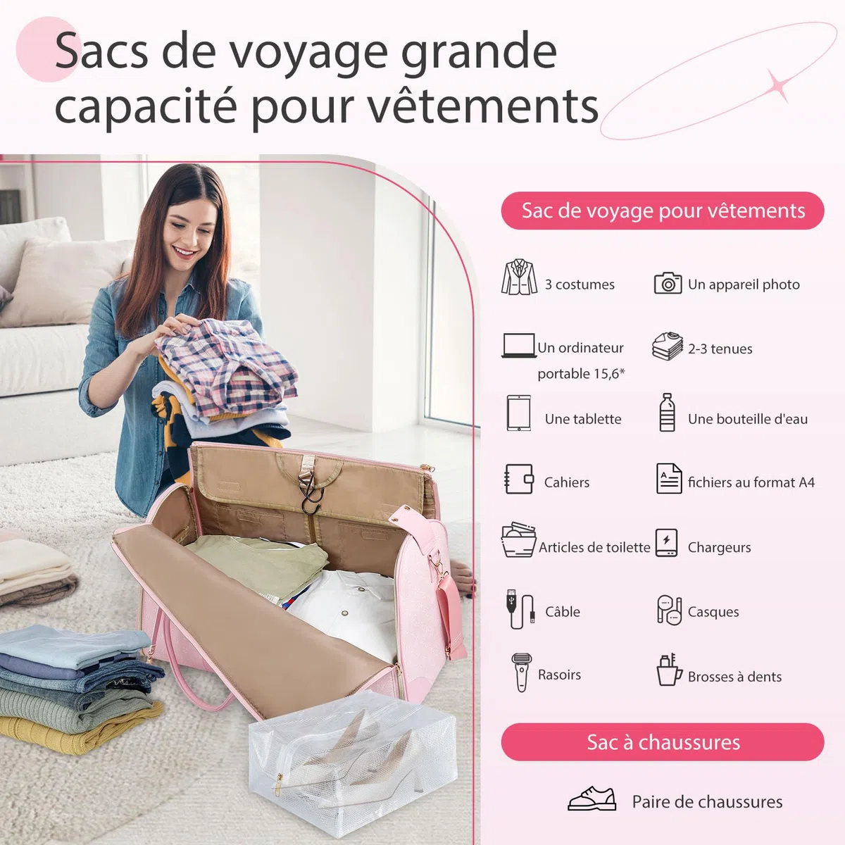 Borsa Porta Abiti da Viaggio Convertibile 50L, 2-in-1 Borsone con Pouch Scarpe Impermeabile e Sistema Anti-Piega per Uomo e Donna - Ideale per Viaggi di Lavoro e Vacanze(Rosa)