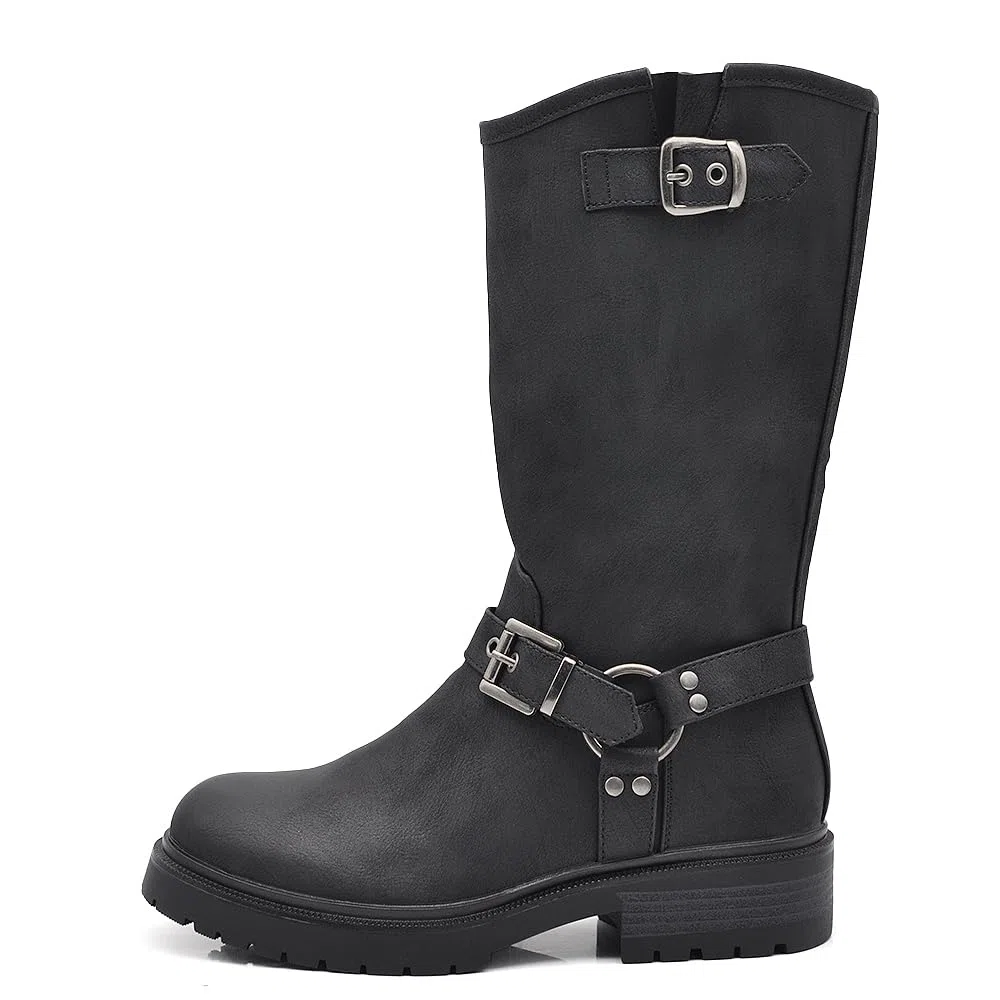 IF Fashion Scarpe Stivali da Donna Al Polpaccio Biker Motociclista Con Fibbie Cinturino Anfibi MP730