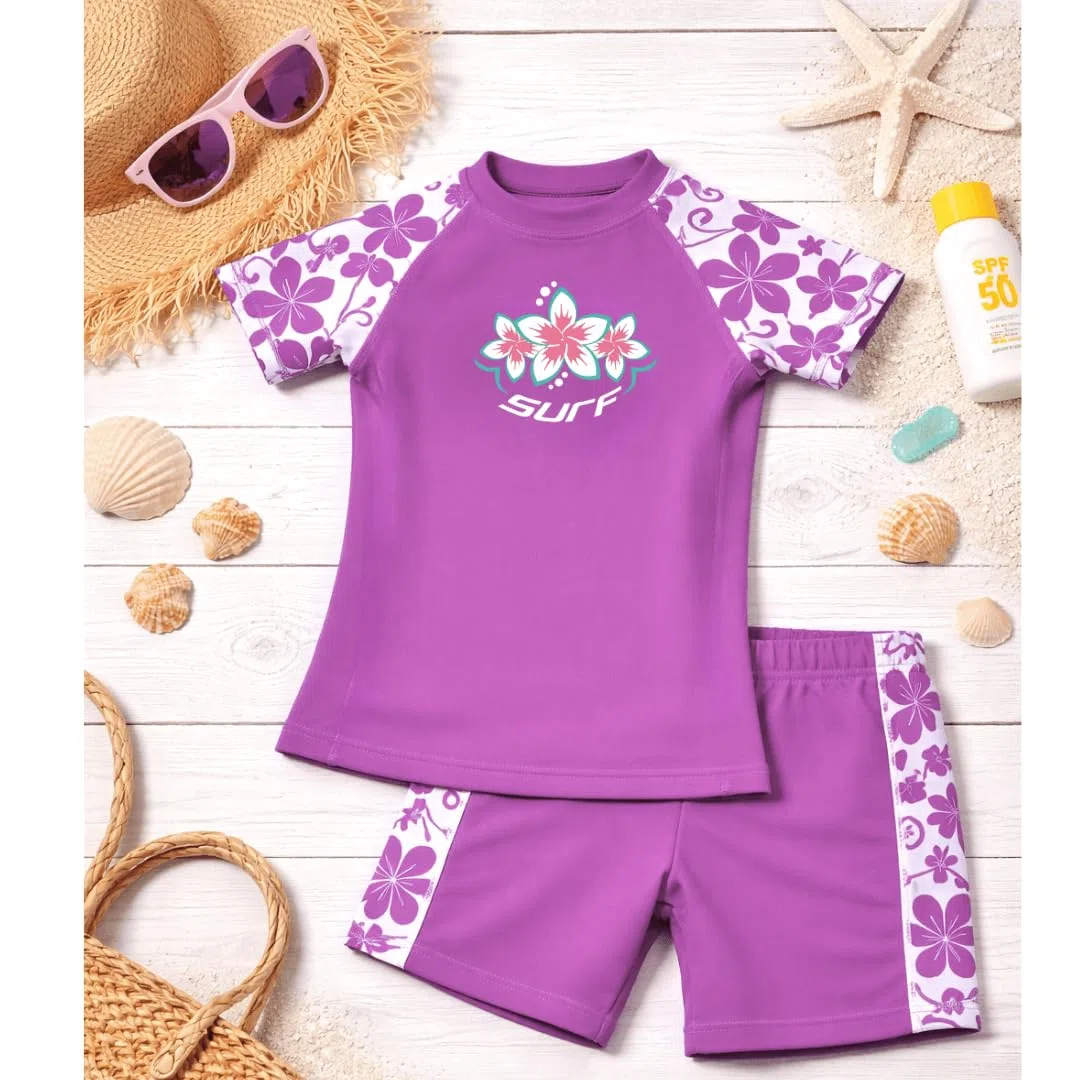Rash guard e pantaloncini da nuoto per ragazze, protezione solare UV, UPF 50+, taglie 3-4/5-6/7-8/9-10/11-12/13-14 anni