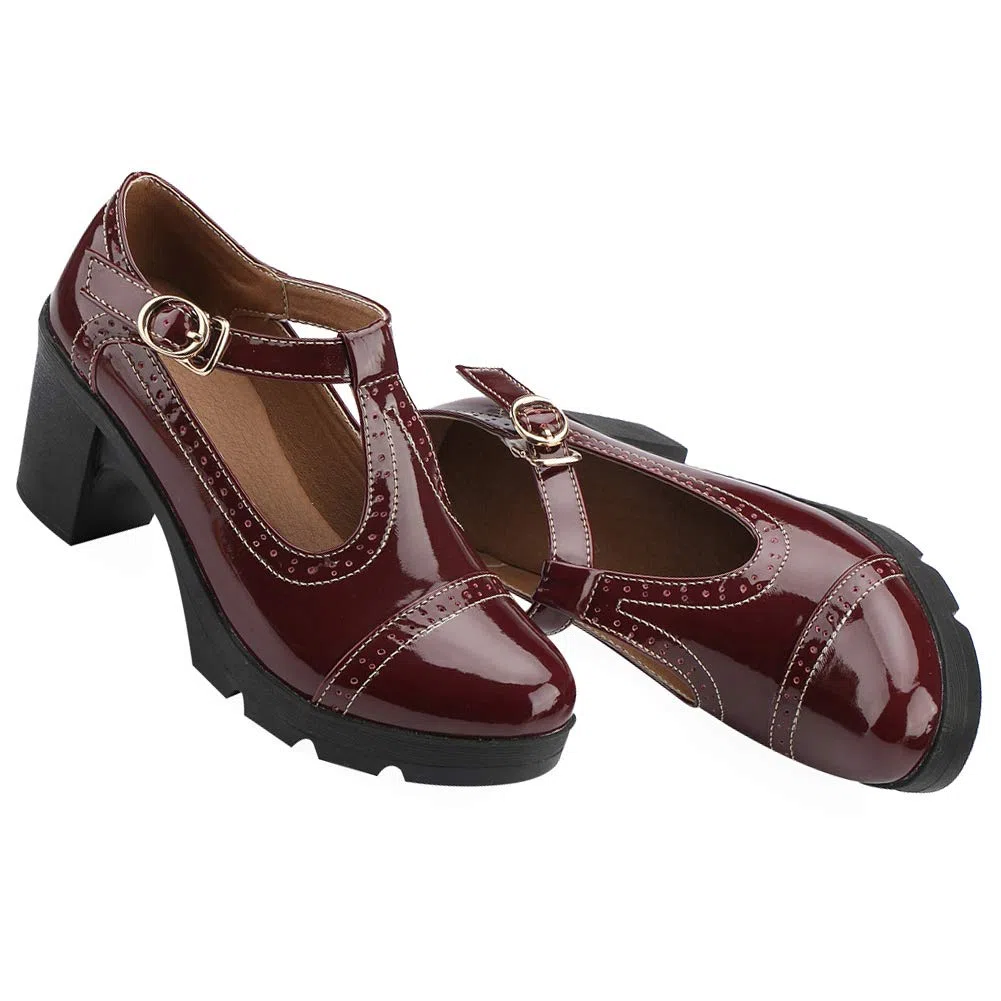 ANUFER Donna Medio Tacco a Blocco T-Cinghia Brogues Pumps Mary Janes Uniforme Ufficio Scarpe da Sera