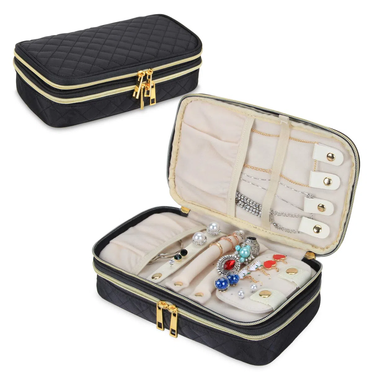 Teamoy Custodia per Gioielli da Viaggio, Borsa Organizer Trapuntata per Gioielli con Scomparti, Supporto per Collana, Nero