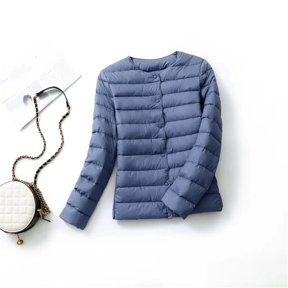 Piumino da donna ultra leggero tinta unita girocollo parka cappotto con bottoni sul davanti