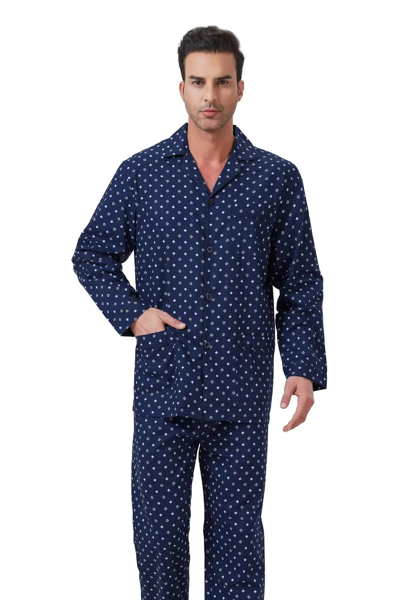Amaxer Classico Pigiama da Uomo in Due Pezzi,in Cotone,da Notte,a Maniche Lunghe,con Tasche,con Coulisse