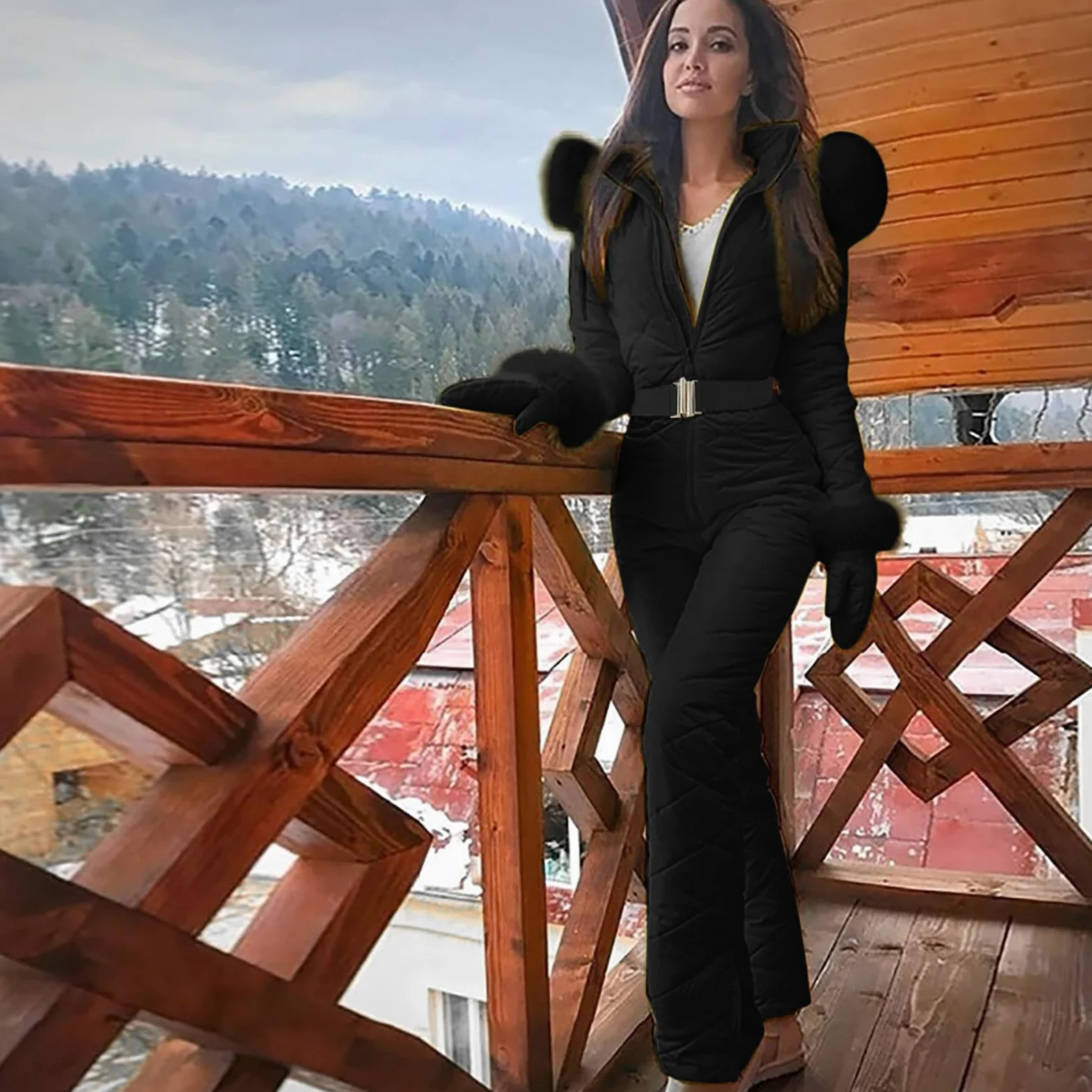 Elegante tuta da sci da donna monopezzo tuta da sci invernale tuta da sci sportiva con cappuccio tuta da neve sportiva da donna moda casual collo in pelliccia spessa tuta da sci snowboard sport