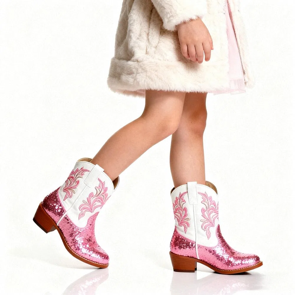 Ragazze Cowgirl Stivano il Polpaccio Medio Tacco Ricamo Etnico Glitter Principessa Scarpe da Equino Primavera Autunno Inverno Per Bambini Unisex Party Cosplay Costume Ball