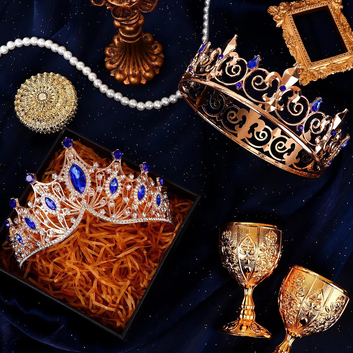 Set di 2 corone da ballo per re e regina da uomo, corona reale con strass blu, corone da donna, tiara, copricapo, per matrimoni, Halloween, feste di ritorno a casa, decorazioni per feste