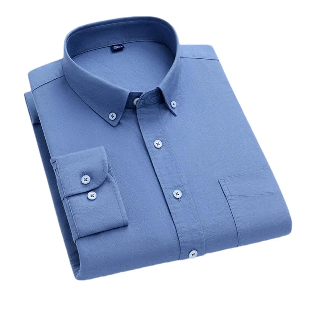 Camicia casual da uomo in cotone tinta unita a maniche lunghe con colletto a bottoni camicia da lavoro con tasca sul petto