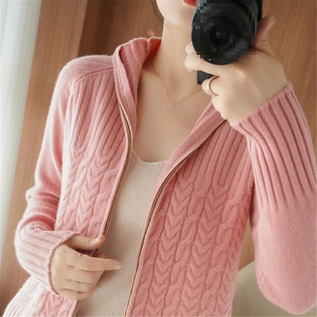 Ownwfeat Maglione Cardigan da Donna con Cerniera E Collo Alto, Maglione Casual Intrecciato