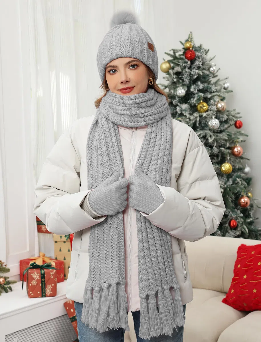 ZASFOU Donna Cappello Invernale Sciarpa Guanti Touch Screen Set Caldo Maglia a Trecce Pompon Maglia Berretto Cappelli Pile Foderati Scaldacollo Guanto Regalo Donna