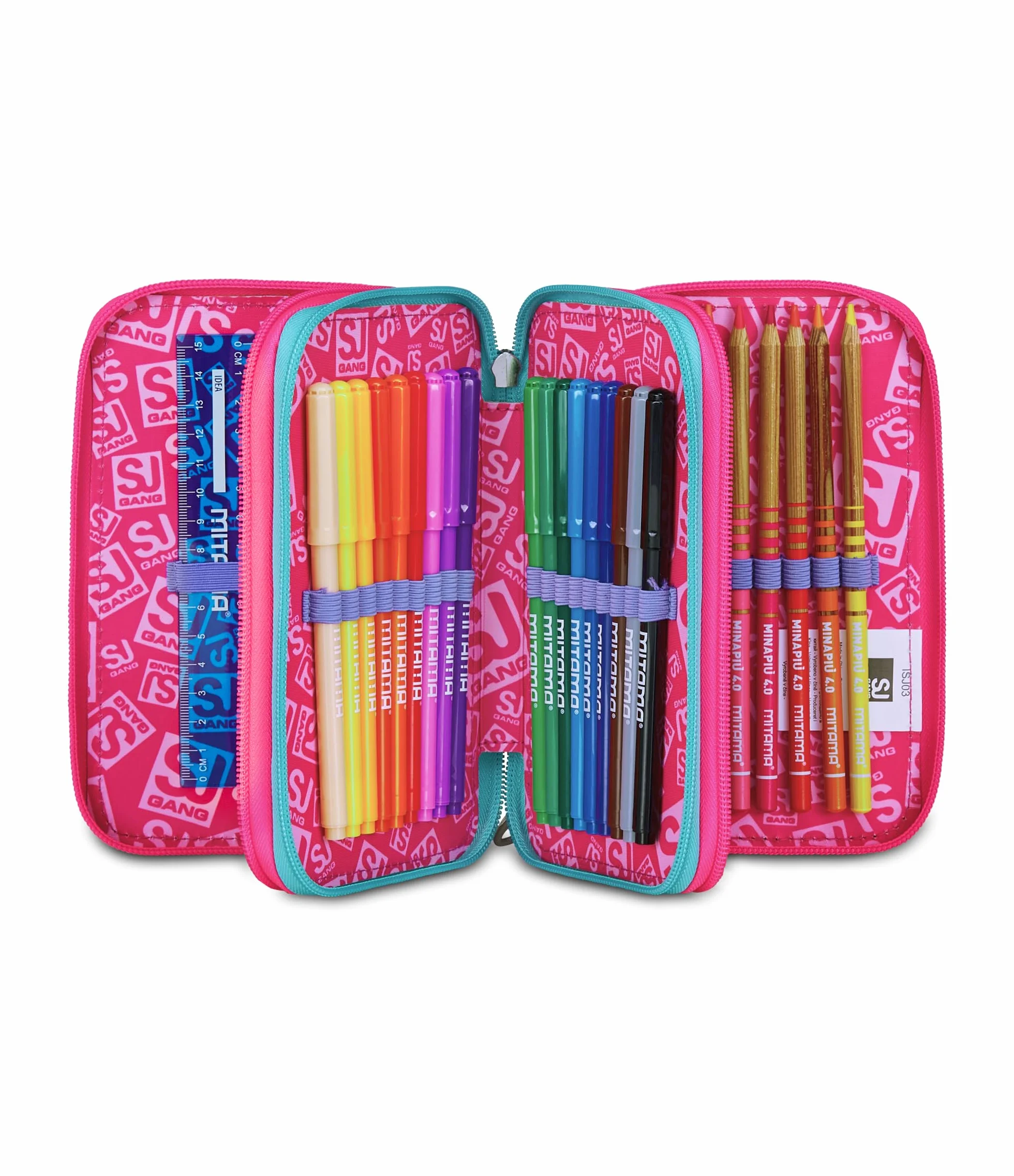 SJ GANG STYLE JAM GANG Astuccio Scuola 3 Zip, Rosa, Portapenne Triplo Scomparto Completo Di Penne, Matite, Colori, Accessori Zaino, Scuole Elementari, Bambina