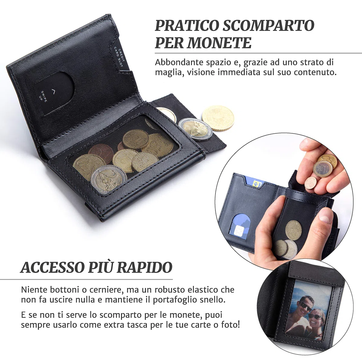 Portafoglio uomo slim con portamonete, scomparto banconote tradizionale e porta carte credito schermato - Portafogli in pelle vera | Smart wallet piccolo e sottile | Portacarte RFID