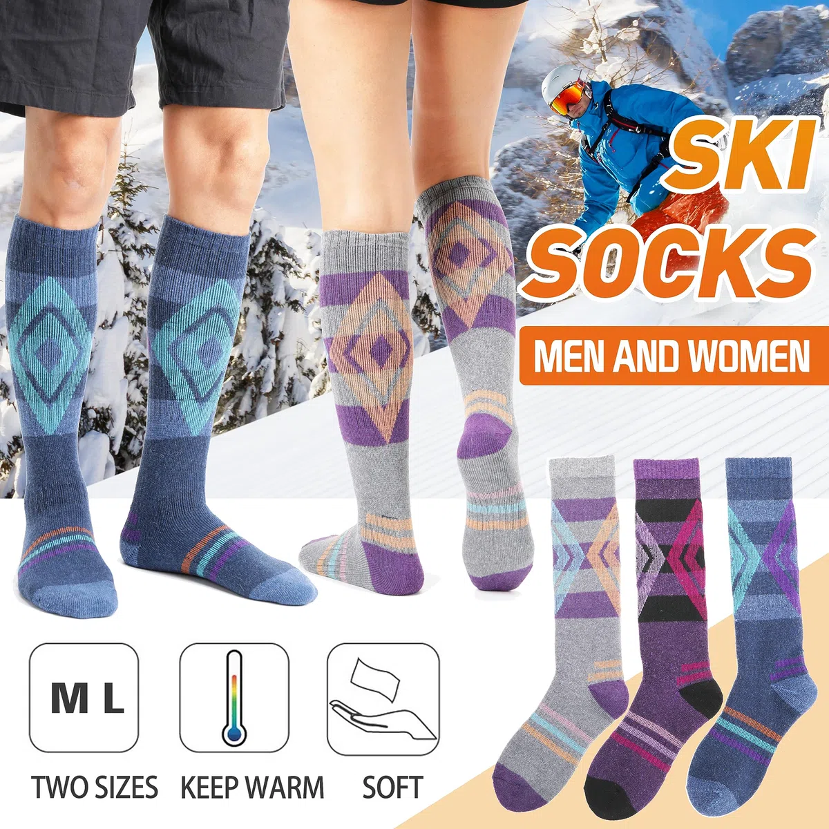 Welwoos Calze da sci lana merino, termiche, spesse, a compressione, traspiranti, in 3 paia.