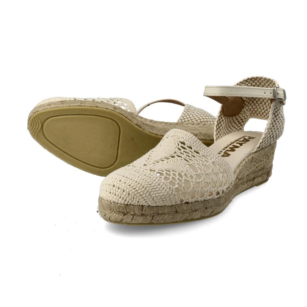 Sandali Bassi con Zeppa de Juta Sparto per Donna. Fatto in Spagna all'uncinetto. Espadrillas con Tacco Basso. Suola Imbottita in Tessuto. Fibbia o Cinturini alla Caviglia