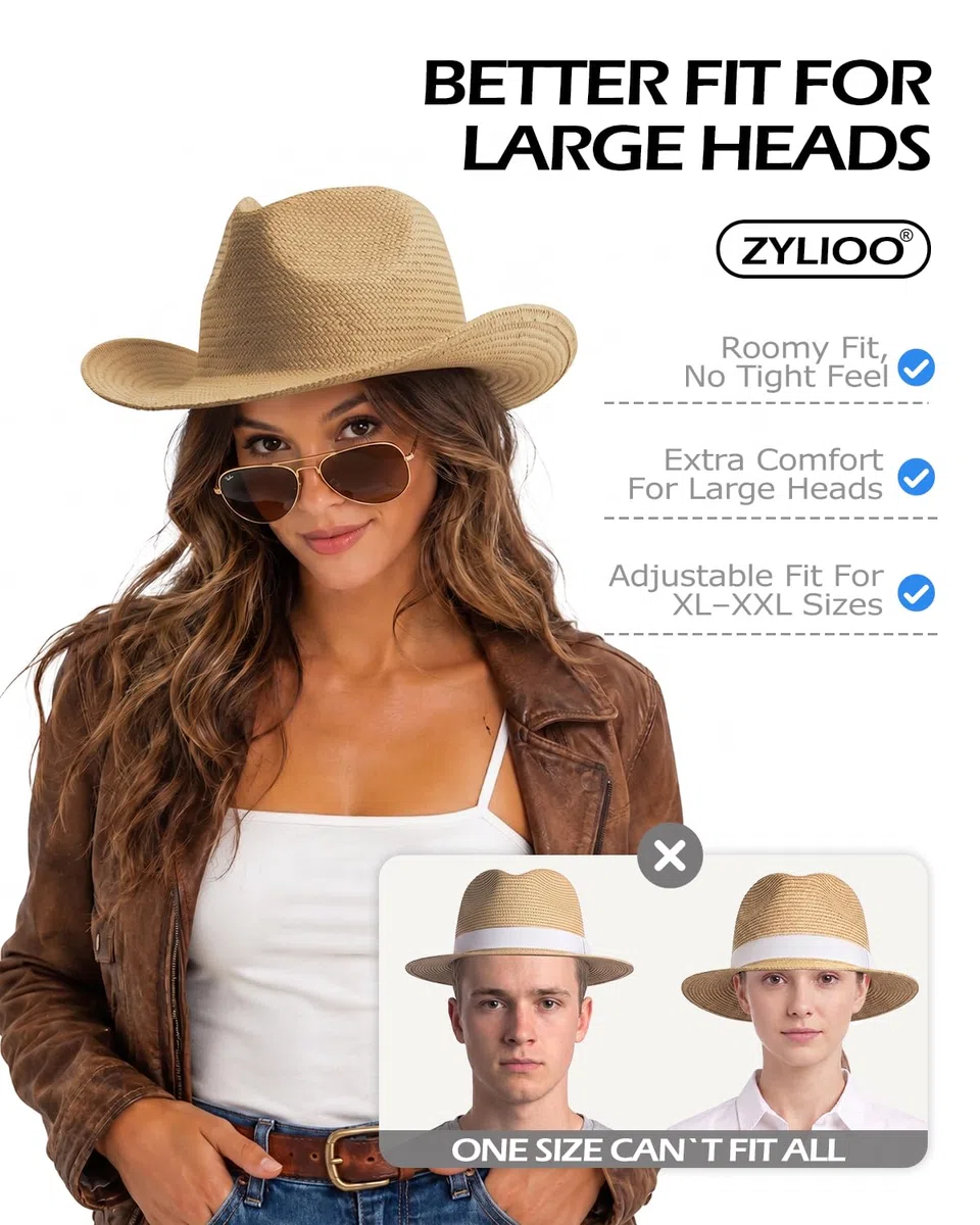 Zylioo Cappello da cowboy di paglia XXL, cappello da cowgirl occidentale di grandi dimensioni, cappelli da sole estivi di paglia a testa grande, cappelli da viaggio leggeri da spiaggia