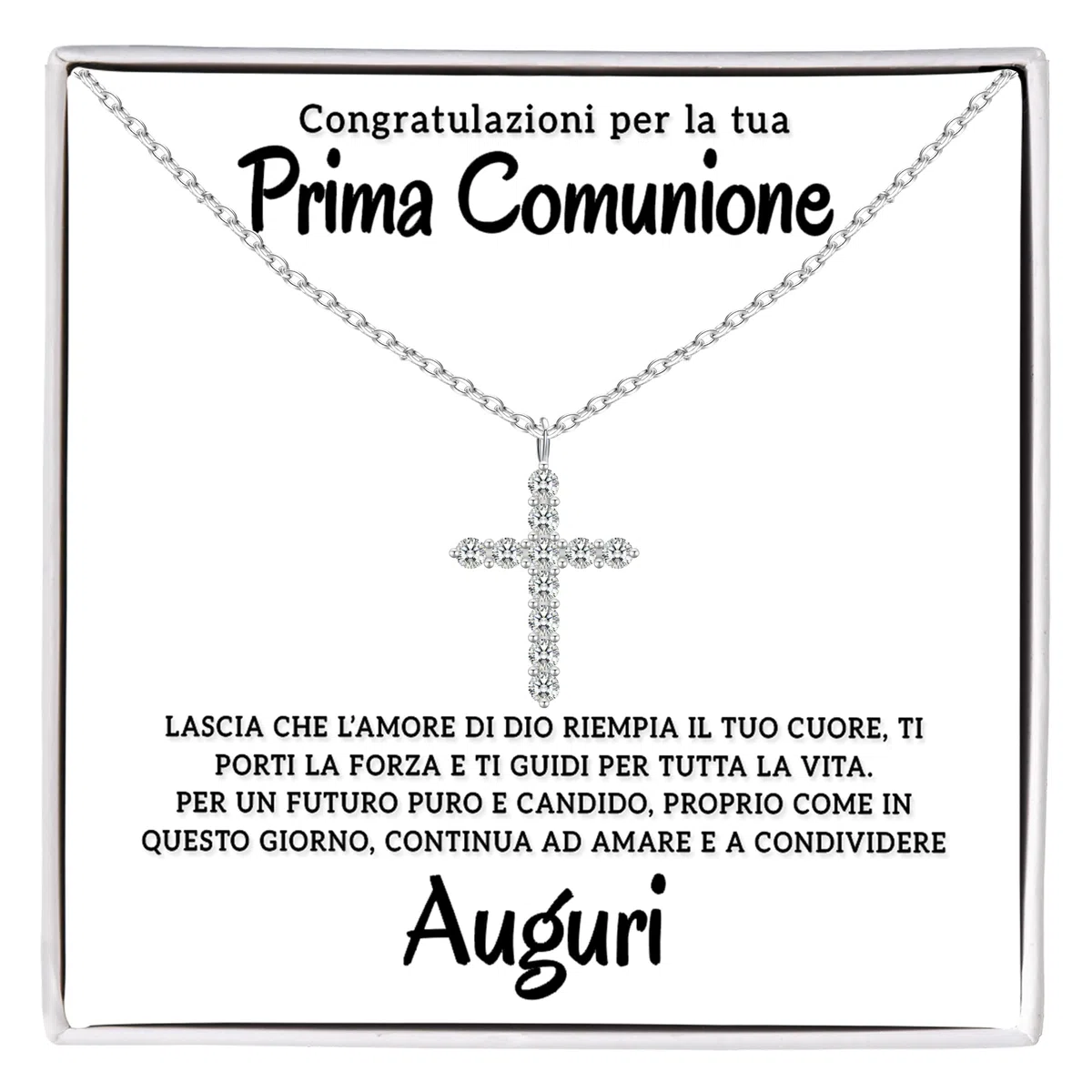 Collana Donna Croce Argento Sterling 925 Prima Comunione con Zirconia Cubica Placcatura in Oro, Bambina Regalo per lei Ragazza compleanno - Cofanetto con DEDICA incluso
