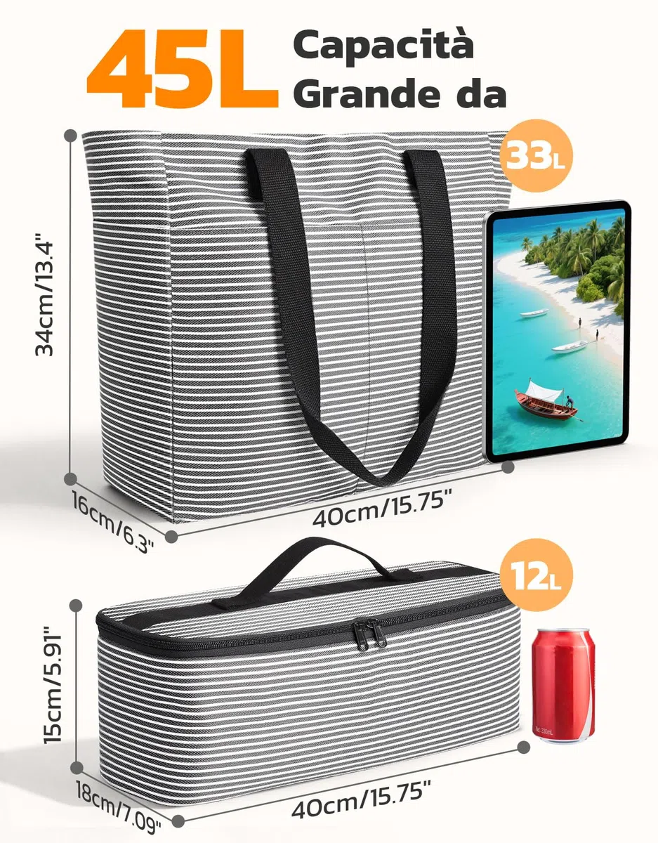 ISEYOU Borsa Mare Donna Grande & Borsa Frigo di Set, Borse Mare Resistente all'Acqua da 45L con Chiusura a Cerniera, Borsa Spiaggia XXL Famiglia Pieghevole, con 8 Tasche per Piscina, Picnic e Viaggi