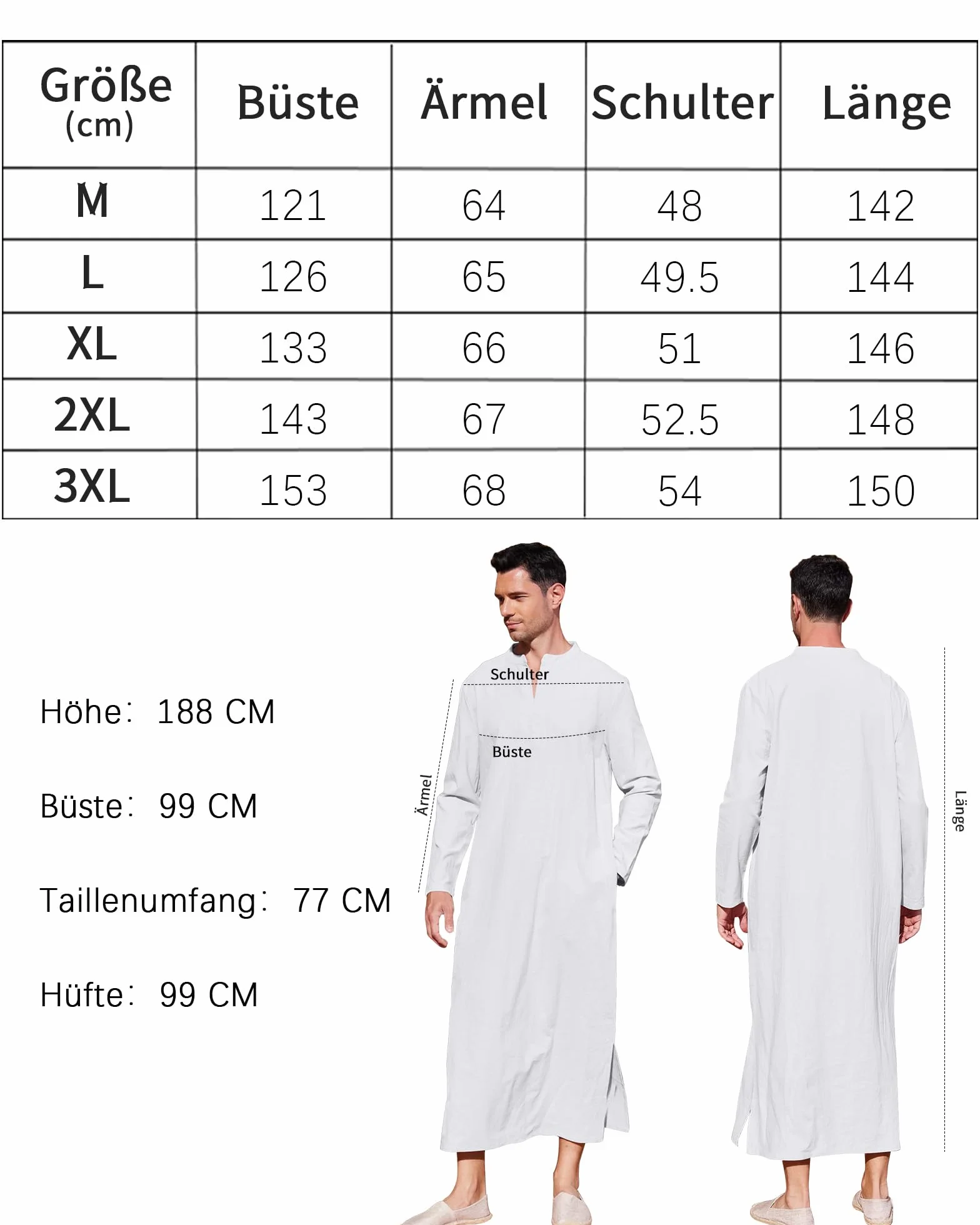 LVCBL Caftano da uomo, a maniche lunghe, caftano, da uomo, con tasche, vestibilità universale, M-3XL