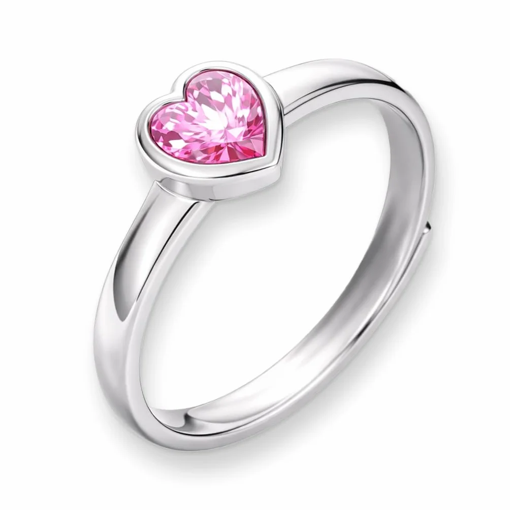 Clever Schmuck - Anello da bambina in argento sterling 925 lucido con zircone rosa a forma di cuore, misura universale, regolabile, in astuccio rosa, Zircone cubico