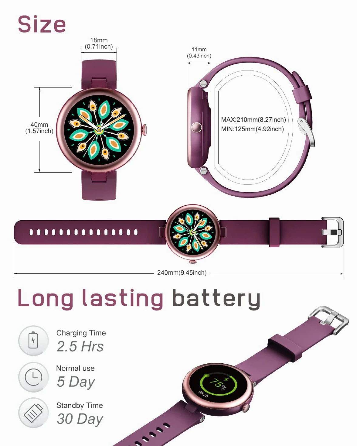 LYNN Smartwatch Donna Orologio Fitness Sportivo Smart Watch Tondo Quadrante Android iOS Activity Tracker Cardio SpO2 Impermeabile IP68 Sfondo Personalizzabile Ciclo Mestruale Timer Viola