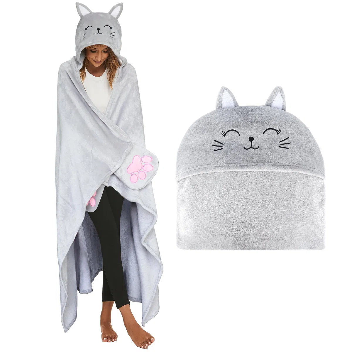Coperta con Maniche e Cappuccio Regali per Amanti dei Gatti Flanella Plaid con Maniche 130×150 cm Regalo Donna Compleanno Natale Divertente Coperta Gatto Indossabile