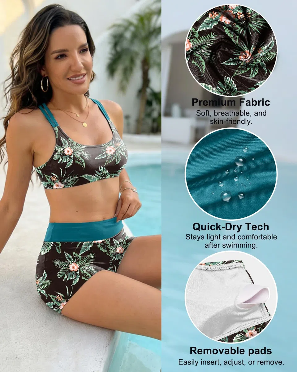 CheChury Tankini da Donna Set 3 Pezzi Costume da Bagno Donna con Pantaloncini Canotte con Reggiseno e Culotte Sets Stampato Tankini Set Crisscross Bikini Top Controllo Pancia Vita Alta Costume Bagno