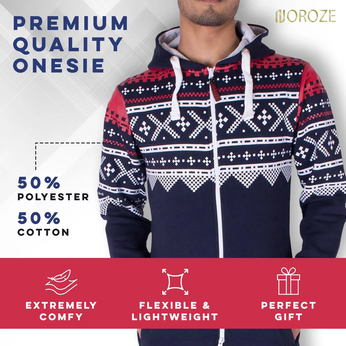 NOROZE Elegante Azteca Pigiama Intero Uomo - Incappucciata Pigiami con Cappuccio Onesie - Caldo e Accogliente Tuta Intera Uomo Pile
