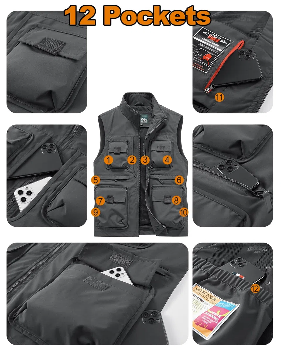 Uomo Gilet da Pesca Multi Tasca Veste All'aperto Senza Maniche Giacche Leggeri Gilet Asciugatura Rapida Giubbotto per Caccia Traspirante Reporter Fotografi
