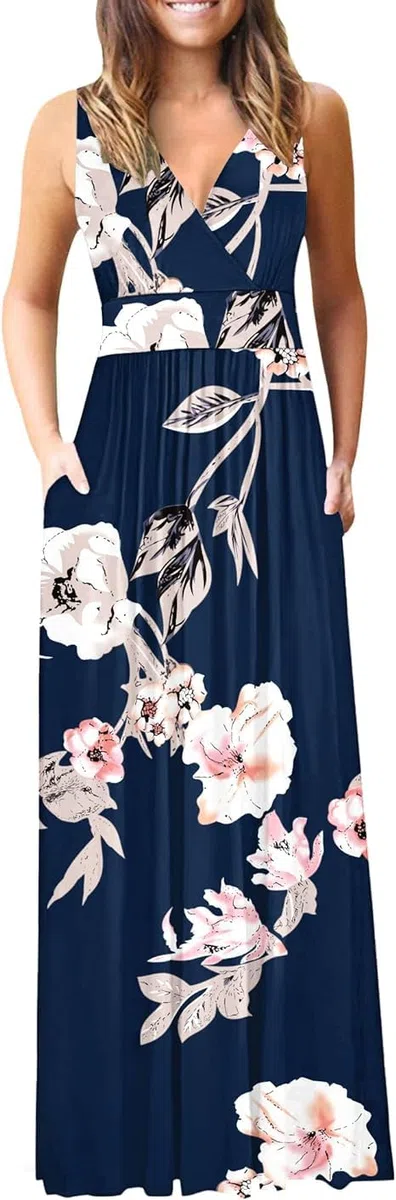 AUSELILY Vestito Donna Elegante Lungo Abito Sera a V Senza Maniche Taglie Forti Casual Estivo Abito con Tasche