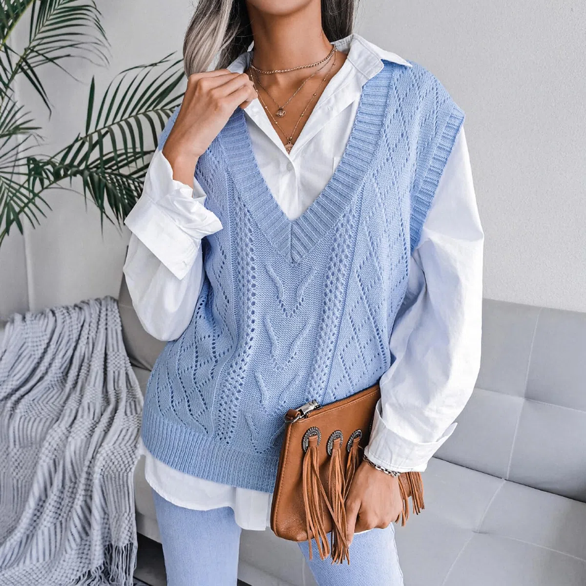 FEOYA Gilet con Scollo a V da Donna Ragazza Maglione Lavorato Senza Maniche Allentato Pullover Smanicato in Maglia Caldo Casual Vintage Chic Carino Inverno Autunno Primaverile Scolastico Natale S-XXL