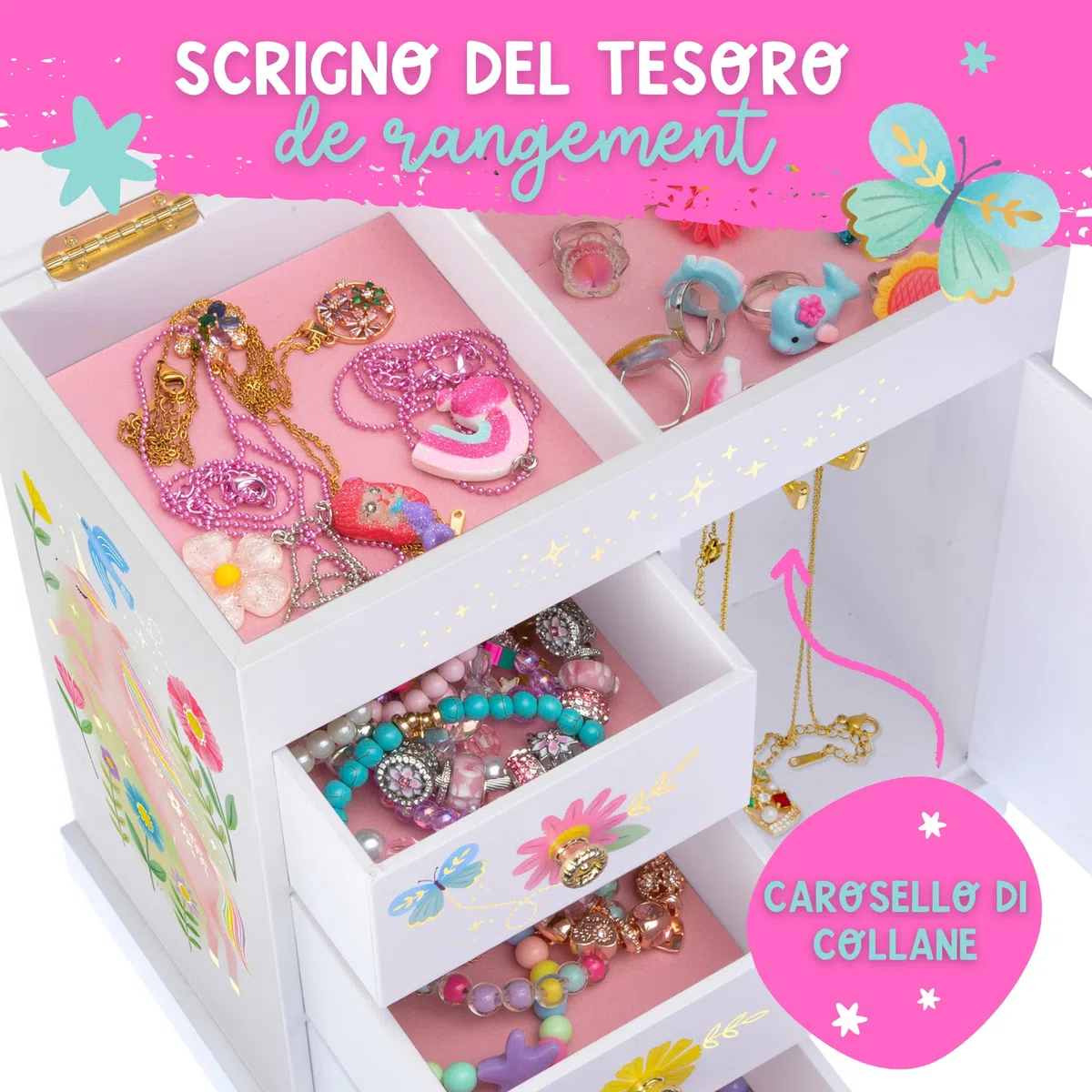 Giggle & Honey® Portagioie Carillon Principessa per Bambine Scatola Musicale per Bambini con Cassetti, Regali Principessa per Bambine, Scatole per Gioielli Principessa da 3 a 10 anni