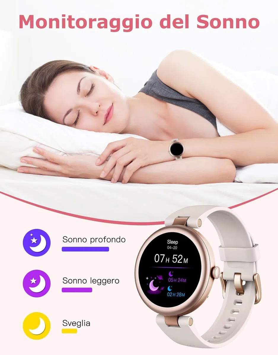 Smartwatch Donna Piccolo Rotondo Risposta Chiamate per Android iOS Orologio Contapassi Cardiofrequenzimetro da Polso Saturimetro Orologio Fitness Notifiche 100+ Modalità Sportive