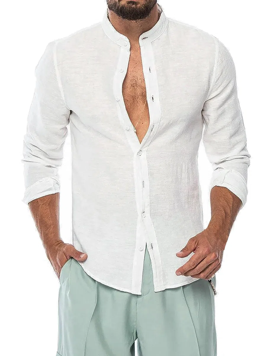 Camicia Uomo di Lino Manica Lunga Slim Fit Casual Estiva Coreana Traspirante Leggera