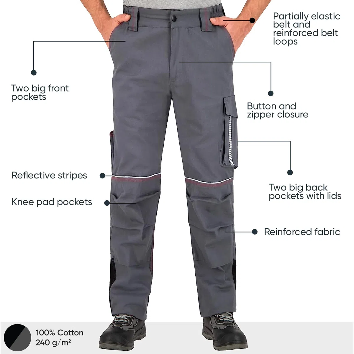 BWOLF Raptor 100% cotone, pantaloni da lavoro da uomo, pantaloni da lavoro con tasche multifunzionali, tasche imbottite, strisce riflettenti