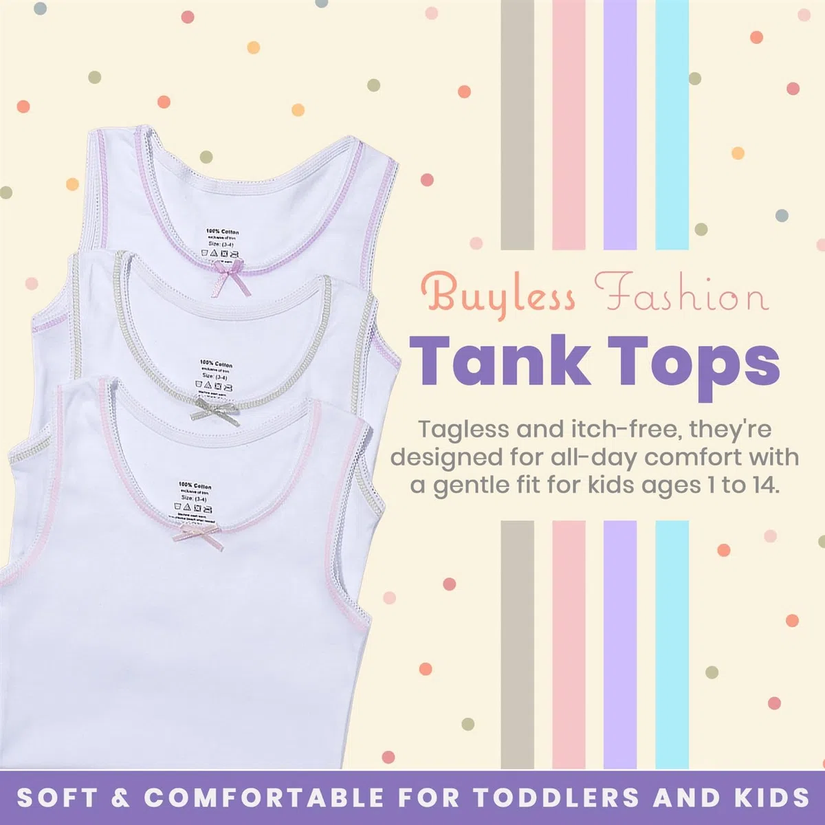 Buyless Fashion Canottiera Bimba Cotone con Finiture e Fiocco (Confezione da 4)