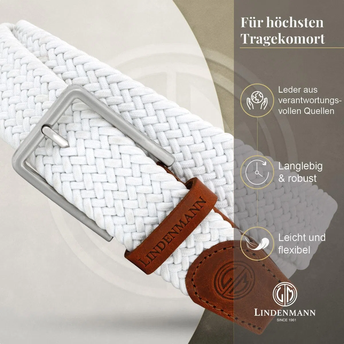 Lindenmann Cintura elasticizzata da uomo, cintura intrecciata in tessuto per il golf, bianca
