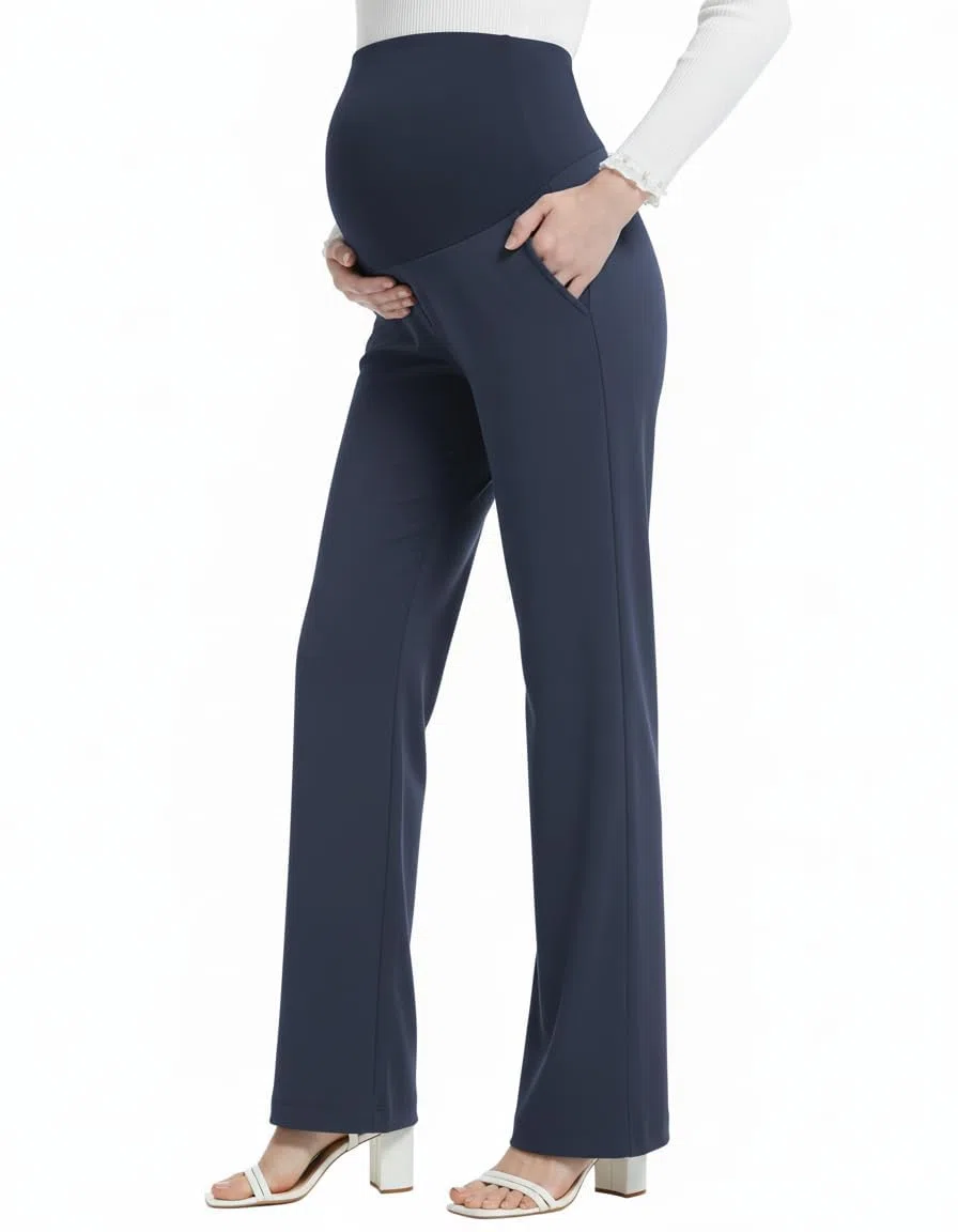Pantaloni premaman da donna a gamba larga, a vita alta, elasticizzati, per ufficio, lavoro, lounge con tasche