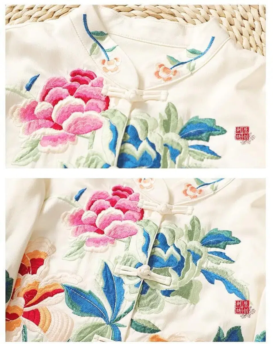 Giacca da donna in stile cinese - Camicetta ricamata Stile etnico Ricamo retrò Camicetta cinese Giacca da donna Cappotto con spalla dritta Abbigliamento orientale