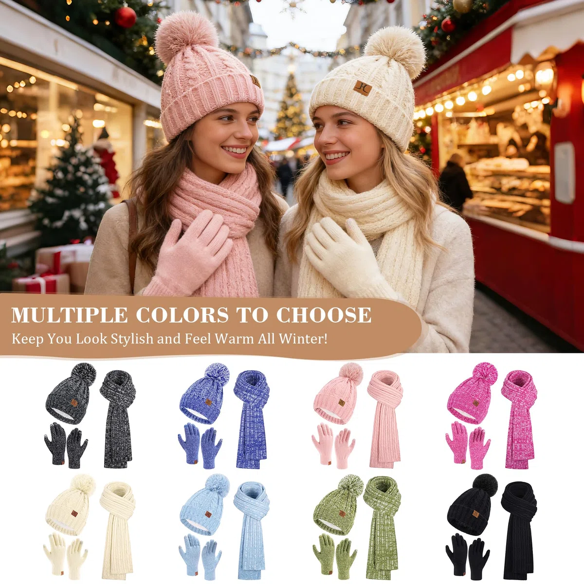 Bequemer Laden Donna Invernale Cappello Berretto Sciarpa Guanti Touch Screen Set con Fodera in Pile Termici Berretti in Maglia Scaldacollo Guanti